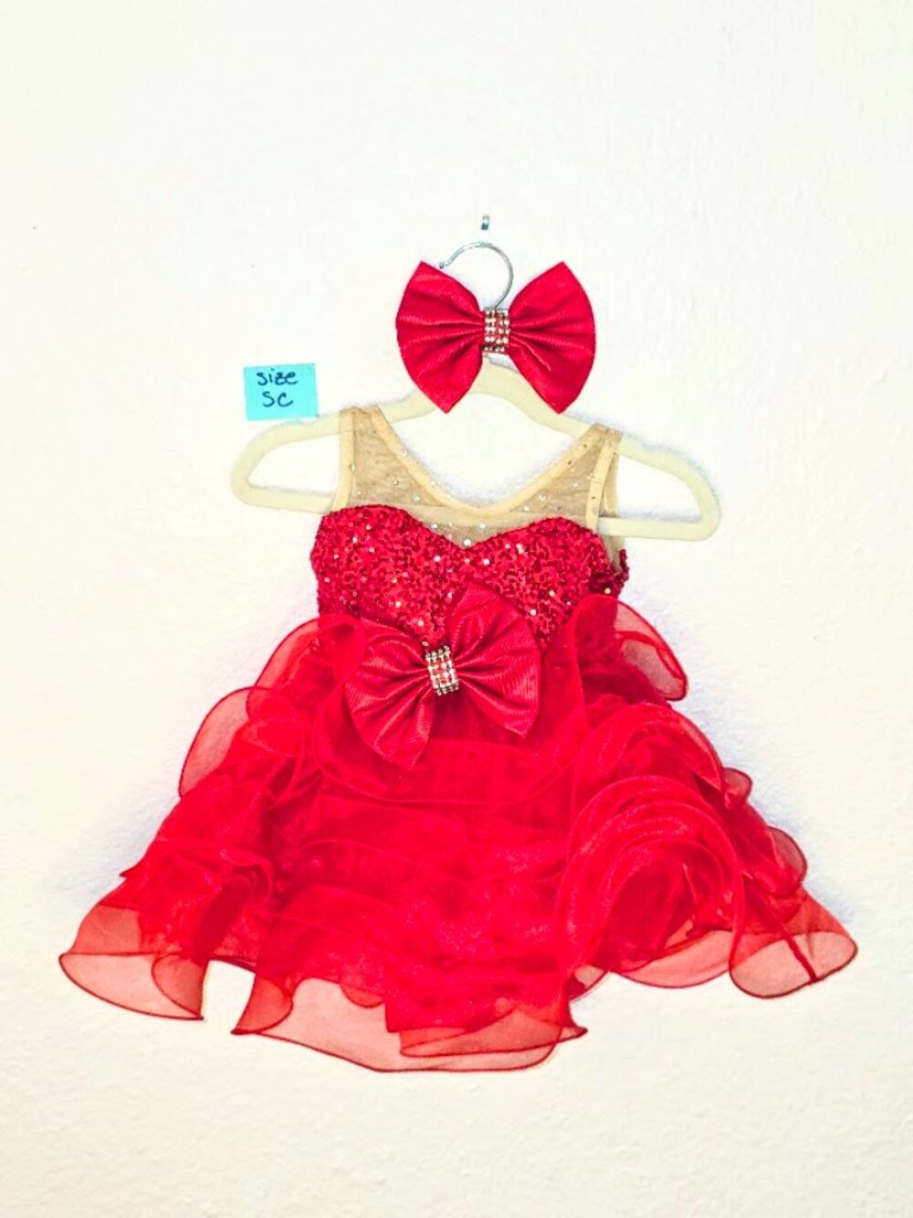 Art Stone The Competitor 29300 Red Sequin Ruffle Dance Costume SC + Bow